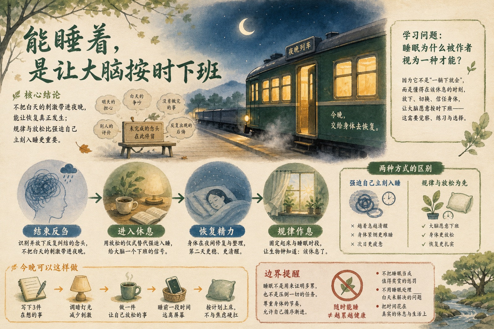 用夜晚列车比喻大脑下班与睡眠恢复的书籍讲解图